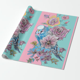 Blå Budgie Rosor art blommor Watercolor Wrapping Presentpapper