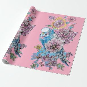 Blå Budgie Rosor art blommor Watercolor Wrapping Presentpapper