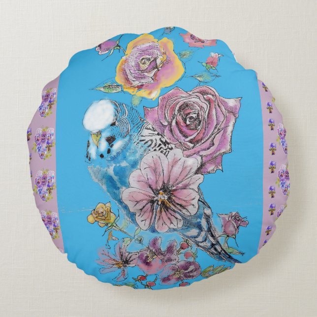 Blå Budgie Vattenfärg Blommig Damers Rund Kudd Kudde (Baksidan)