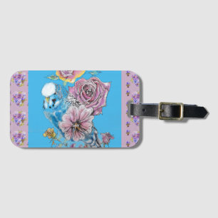 Blå budgie Watercolor blommigt Girls Luggage Tag Bagagebricka