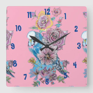 Blå Budgie Watercolor Rosa Womans Office Clock Fyrkantig Klocka