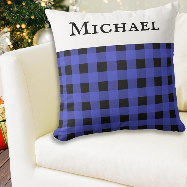 Blå Buffalo Rutig Randigt Mönster Kudde (A stylish personalized throw pillow cushion, with blue buffalo plaid check pattern)