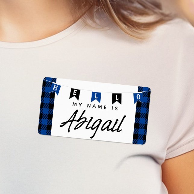 Blå buffelpapp Hej Min Namn är Namn bricka Fraktsedel (Buffalo Check Blue and Black Baby Shower Bunting Banner "Hello My Name Is" Name Tag)