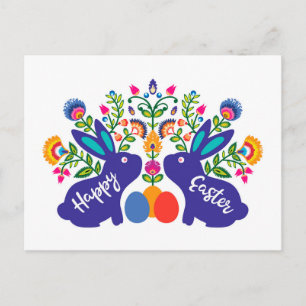 Blå 🐰 Bunnies med Folklore Flowers Anpassningsbar Vykort