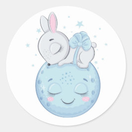 Blå Bunny Sitta över Måne Runt Klistermärke