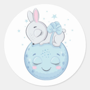 Blå Bunny Sitta över Måne Runt Klistermärke