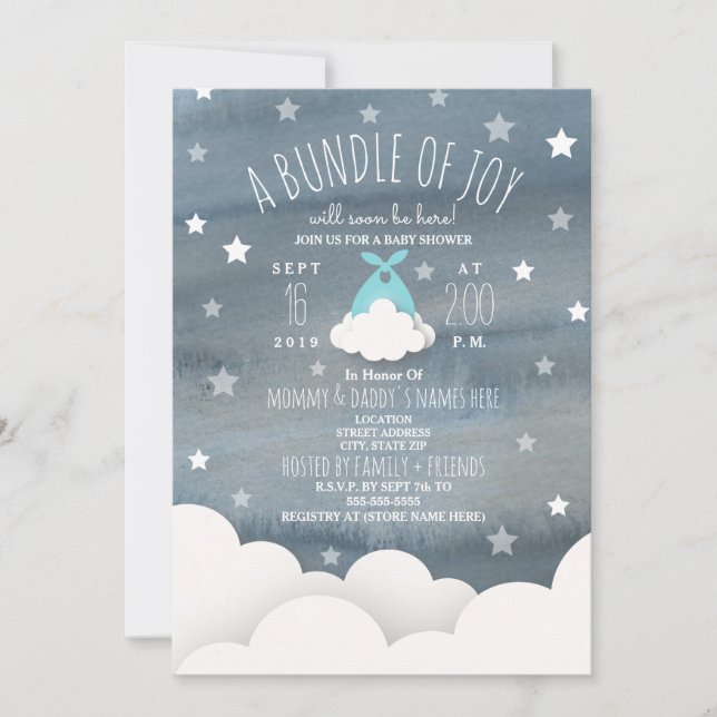 Blå bunt av joy Clouds + Stars Watercolor Baby Inbjudningar (Framsida)