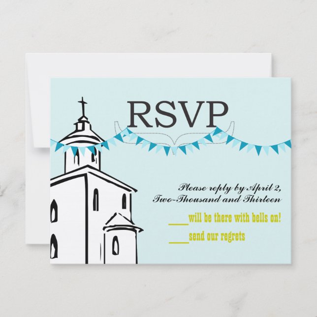 Blå Bunting Kristet Kors på Steeple Chape RSVP OSA Kort (Framsida)