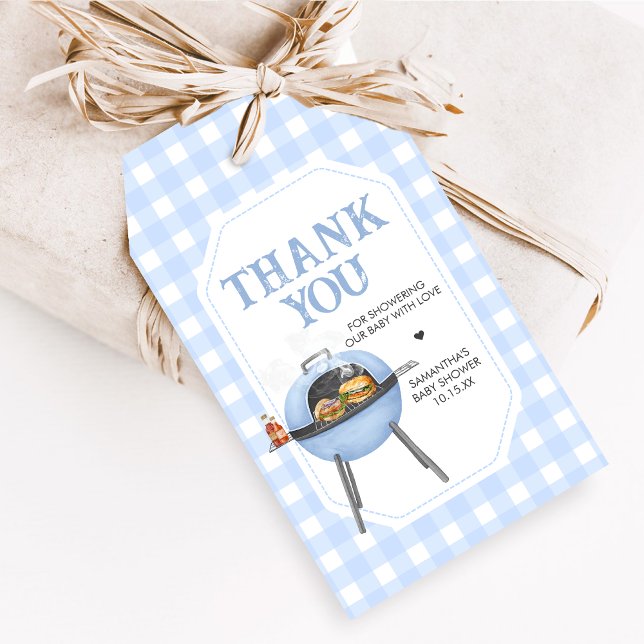 Blå Burger BBQ Baby Shower Favor Märken Presentetikett (Bun and Burgers Baby Shower Favor Tags)