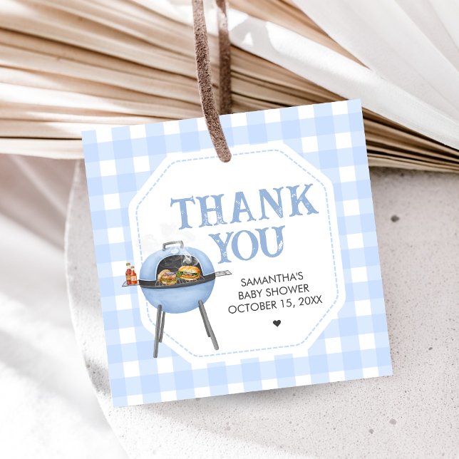 Blå Burger BBQ Baby Shower Gåvor Etiketter (Bun and Burgers Baby Shower Favor Tags)
