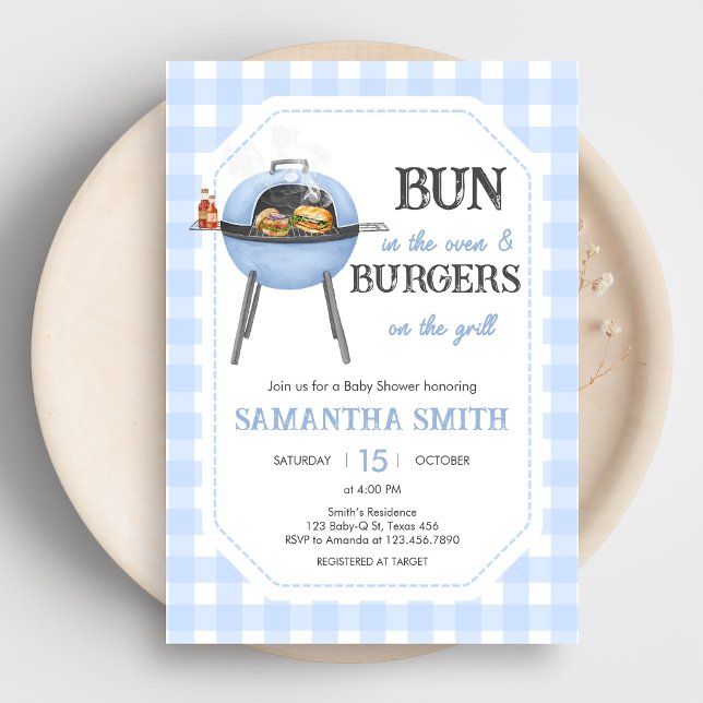 Blå Burger BBQ Baby Shower Inbjudningar (Bun and Burgers Baby Shower Invitation)