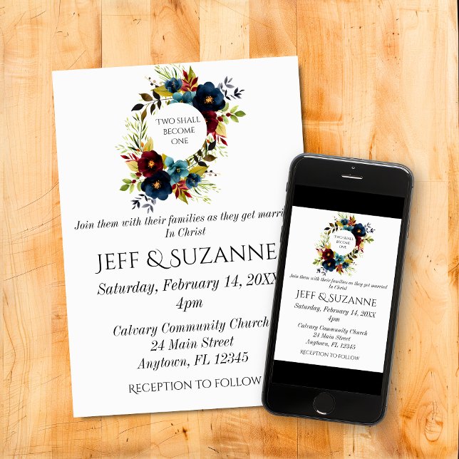 Blå burgunderfärgad blomsterkrans Två blir en  Inbjudningar (Blue Burgundy Floral Wreath Two Become One Christian Wedding Invitation)