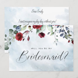 Blå Burgundy-Blommigt - vattenfärgsskript Bridesma Inbjudningar