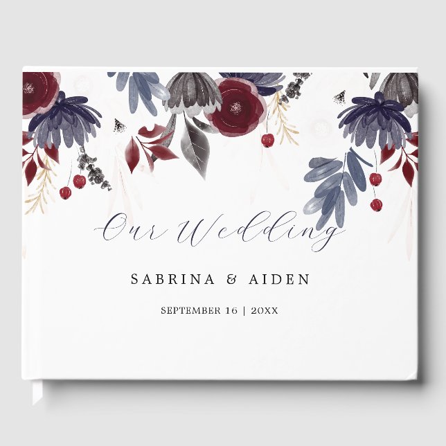 Blå burgundy röd gotin Blommigt Bröllop Gästböcker (Framsida)