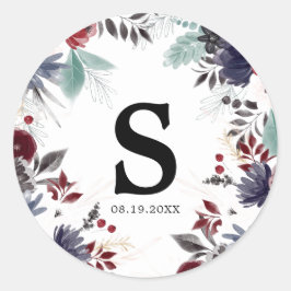 Blå burgundy röd gotin Blommigt Bröllop Runt Klistermärke