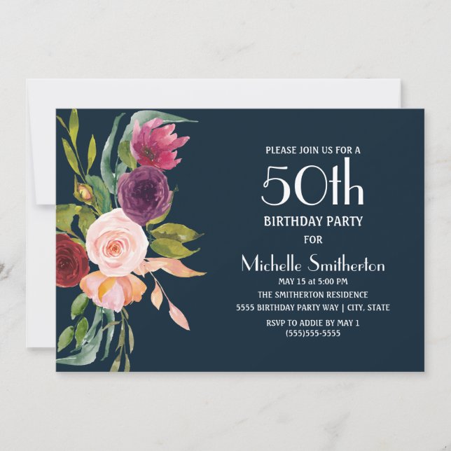 Blå Burgundy Rosenskär Blommig 50-årsdag Inbjudningar (Framsida)