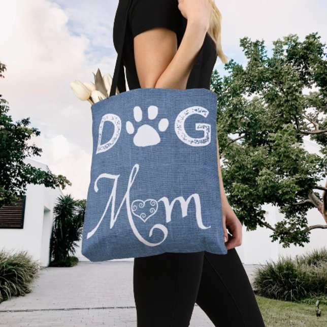 Blå Burlap Hund Mamma Tote Bag Tygkasse (Blue Burlap Dog Mom Tote Bag)