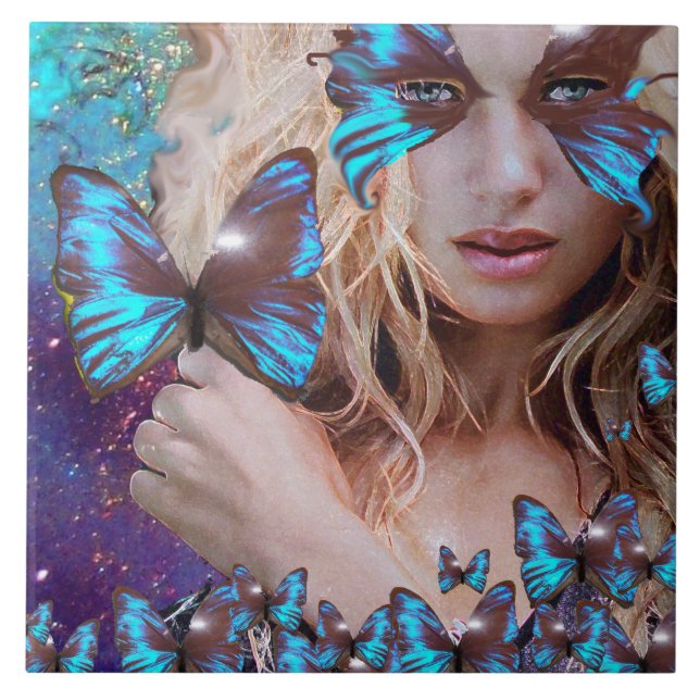 BLÅ BUTTRYCKLIGEN I TEAL GRÖNT GULD SPARKLES KAKELPLATTA (Framsidan)