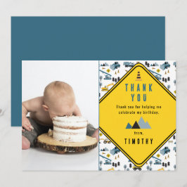 Blå bygg lastbilar Site Photo födelsedagsfest Tack Kort