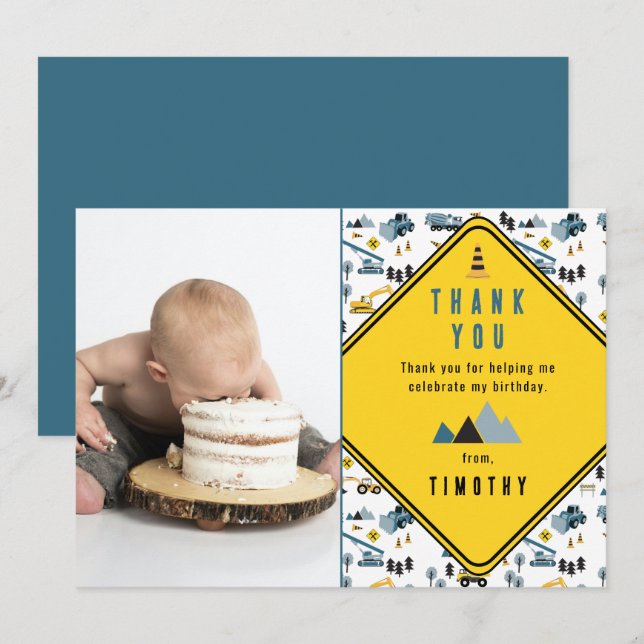 Blå byggtruckar Site Photo Födelsedagsfest Tack Kort (Fram/baksida)
