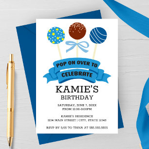 Blå Cake Pops Födelsedagsfest Inbjudningar