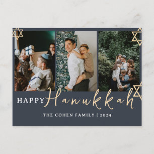 Blå calligrafi, Lycklig Hanukkah-familj, 3 foto Helg Vykort