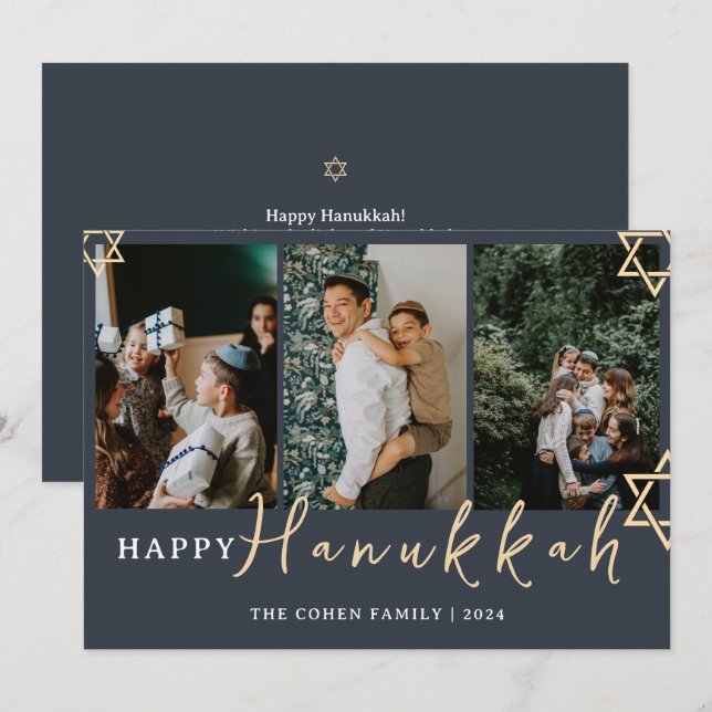 Blå calligrafi, Lycklig Hanukkah-familj, 3 foto Julkort (Fram/baksida)
