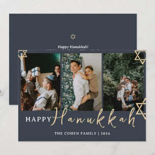 Blå calligrafi, Lycklig Hanukkah-familj, 3 foto Julkort
