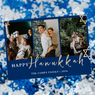 Blå calligrafi, Lycklig Hanukkah-familj, 3 foto Julkort