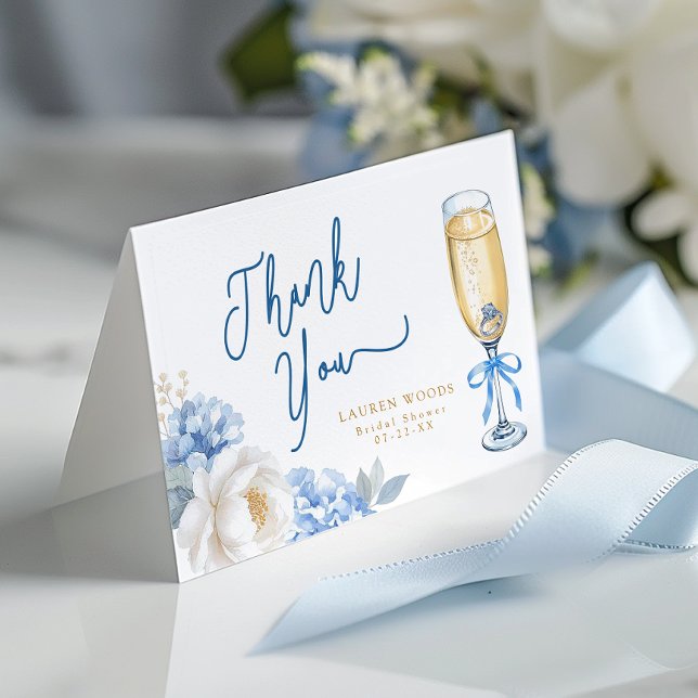 Blå champagne bröllopsdusch vikta tackkort (Elegant Bridal Shower Thank You Card)