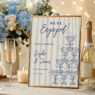 Blå champagne torn förlovning bröllop välkomstskyl poster