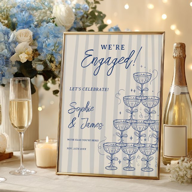 Blå champagne torn förlovning bröllop välkomstskyl poster (Blue Champagne Tower Engagement Wedding Welcome Poster)