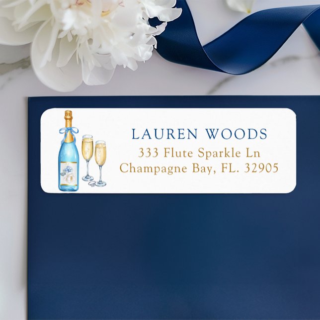 Blå Champagnetikett för Bröllopsfestens Returadres Returadress Etikett (Bridal Shower Return Address Label)