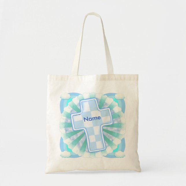 Blå Check Kristet Kors Totebag Tygkasse (Framsidan)