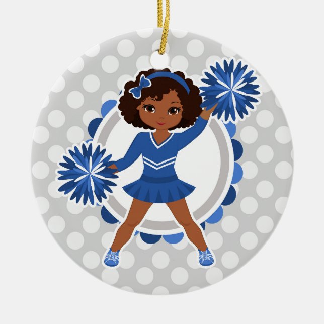 Blå Cheerleader African American - Cute Cheer Julgransprydnad Keramik (Framsidan)
