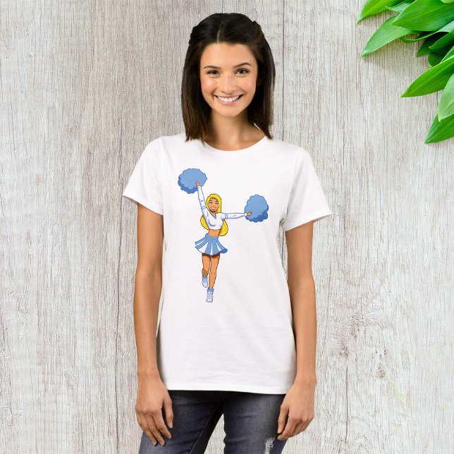 Blå Cheerleader med Pom Poms Cheer Squad T Shirt (Skapare uppladdad)