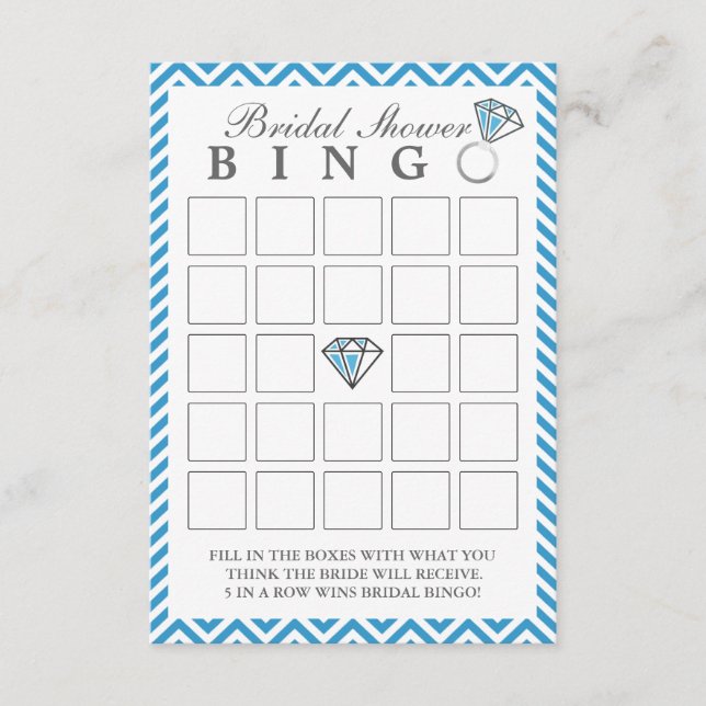 Blå Chevron-ränder Bröllopsdusch Bingo-kort (Framsida)