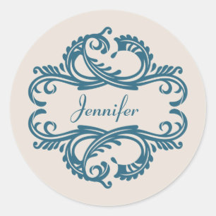 Blå Chic Damask Stickers Runt Klistermärke