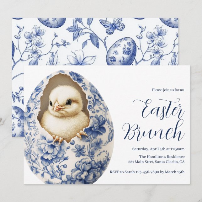 Blå Chinoiserie Ägg Påskbrunch Inbjudan (Fram/baksida)