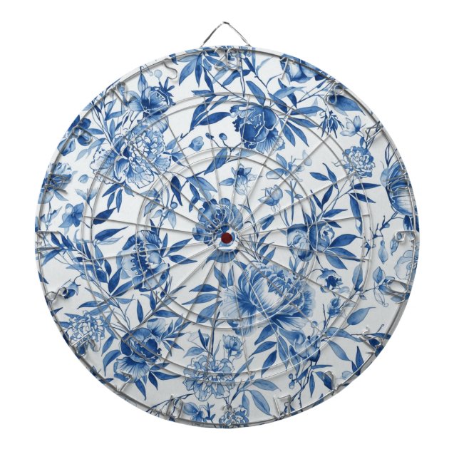Blå Chinoiserie Akvarell Blommig Botanisk Darttavla (Framsidan)