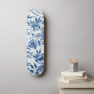 Blå Chinoiserie Akvarell Blommig Botanisk Mini Skateboard Bräda 18,5 Cm
