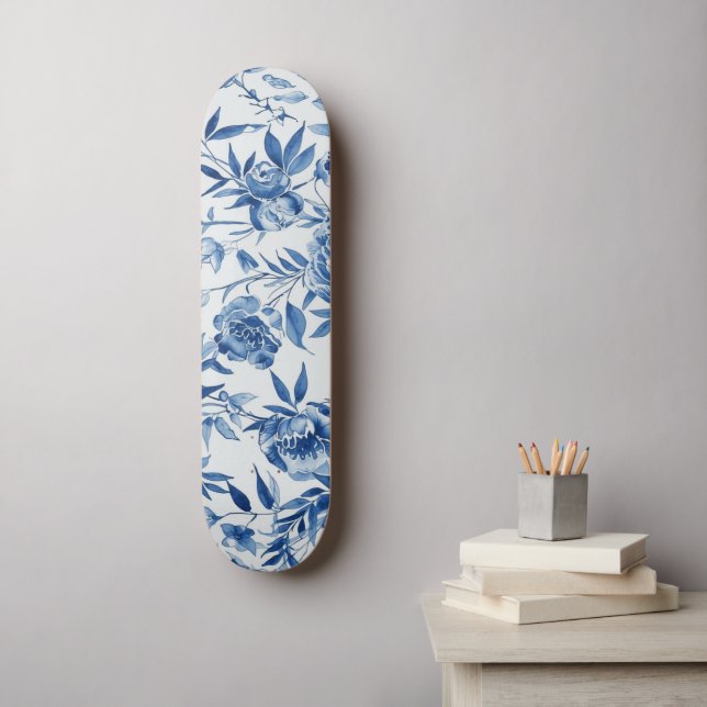 Blå Chinoiserie Akvarell Blommig Botanisk Mini Skateboard Bräda 18,5 Cm (Väggkonst)