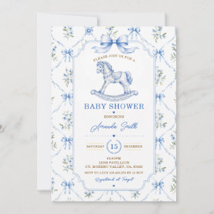 Blå Chinoiserie Baby Shower toile gunghäst Inbjudningar