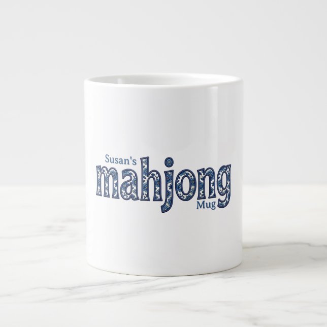 Blå Chinoiserie Blommig Anpassad Mahjong Jumbo Mugg (Framsidan)