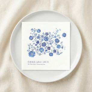 Blå Chinoiserie Blommig Bröllop namnen och datum Pappersservett