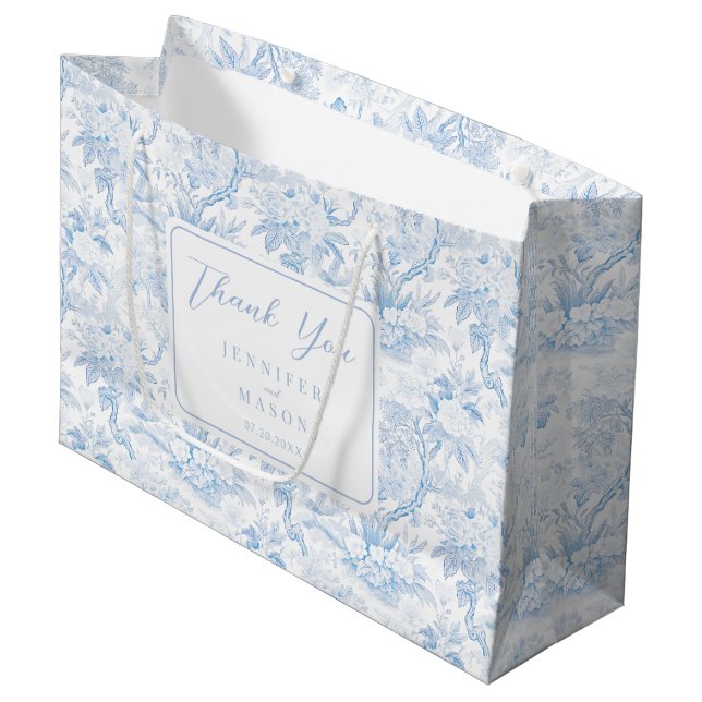 Blå Chinoiserie Blommig Bröllop Tack Kort  (Framsidan Vinklad)