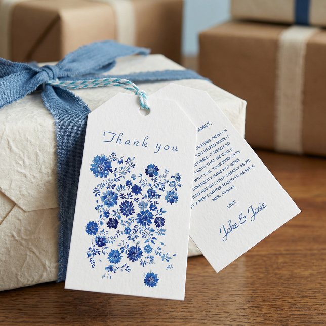Blå Chinoiserie Blommig Bröllop Tack Meddelande Presentetikett (Blue Chinoiserie Floral Wedding Thank You message Gift Tags)