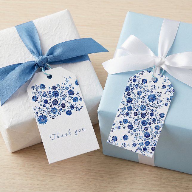Blå Chinoiserie Blommig Tacksamhet Presentetikett (Blue Chinoiserie Floral Thank You Gift Tags)