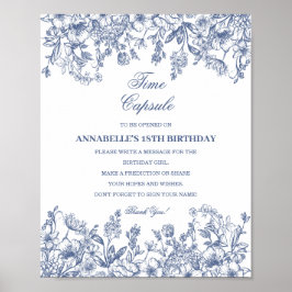 Blå Chinoiserie Blommig Tids Kapsel Baby Födelseda Poster