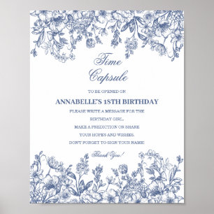 Blå Chinoiserie Blommig Tids Kapsel Baby Födelseda Poster